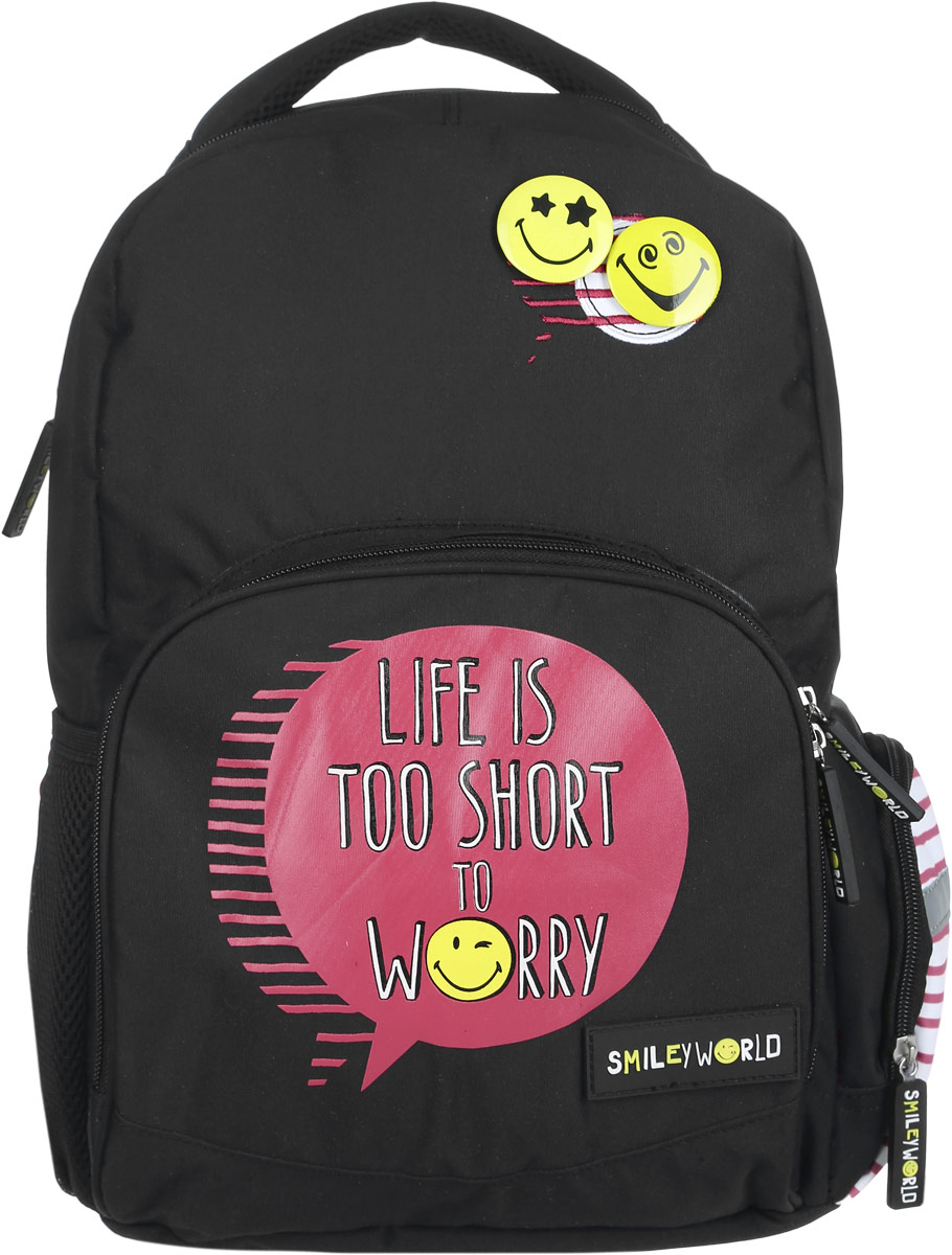 Proff Рюкзак детский Life is Too Short to Worry72523WD Proff Рюкзак детский Life is Too Short to Worry72523WDДетский рюкзак Proff Life is Too Short to Worry - это красивый и удобный рюкзак, который подойдет всем, кто хочет разнообразить свои школьные будни. Внешние поверхности рюкзака, подкладка выполнены из полиэстера, уплотнители - из поролона, элементы отделки - из пластика, металла, ПВХ. На лицевой стороне рюкзак декорирован двумя значками в виде смайликов.Рюкзак имеет одно основное отделение, закрывающееся на молнию с двумя бегунками. Внутри отделения находится мягкий разделитель для тетрадей или учебников, который фиксируется хлястиком на липучке. На лицевой стороне расположен накладной карман на молнии. Внутри кармана находятся четыре открытых кармашка под мобильный телефон, канцелярские принадлежности и лента с карабином для ключей. По бокам рюкзака находятся карманы - один на молнии, дугой открытый на резинке.Рюкзак оснащен текстильной ручкой для переноски в руке и подвешивания. Лямки рюкзака можно регулировать по длине. Анатомическая спинка дополнена вентилируемыми вставками.Многофункциональный детский рюкзак станет незаменимым спутником вашего ребенка.