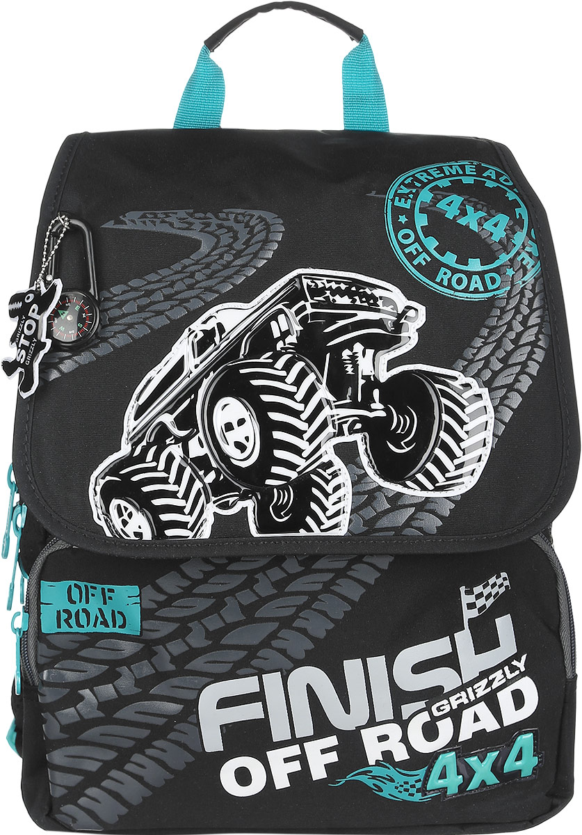 Grizzly Рюкзак детский Finish off Road72523WD Grizzly Рюкзак детский Finish off Road72523WDДетский рюкзак Grizzly Finish off Road - это стильный и удобный рюкзак, который подойдет всем, кто хочет разнообразить свои школьные будни. Рюкзак выполнен из плотного материала, оформлен оригинальным изображением, декорирован брелоком-компасом и брелоком-светоотражателем.Рюкзак содержит два вместительных отделения, закрывающихся на застежки-молнии с двумя бегунками и клапан на липучках. На внутренней стороне клапана находится пластиковый кармашек, куда можно вложить расписание занятий. Внутри первого отделения находятся открытый карман с сеткой и пришивной карман на молнии. Во втором отделении имеется органайзер для хранения канцелярских принадлежностей и мобильного телефона. Дно рюкзака можно сделать жестким, разложив специальную панель с картонной вставкой, что повышает сохранность содержимого рюкзака и способствует правильному распределению нагрузки. На лицевой стороне рюкзака расположены два накладных кармана на молниях. Бегунки на изделии дополнены удобными металлическими держателями с логотипом Grizzly.Мягкие широкие лямки позволяют легко и быстро отрегулировать рюкзак в соответствии с ростом. Рюкзак оснащен удобной ручкой для переноски. Светоотражающие элементы обеспечивают безопасность в темное время суток.Многофункциональный школьный рюкзак станет незаменимым спутником вашего ребенка в походах за знаниями.