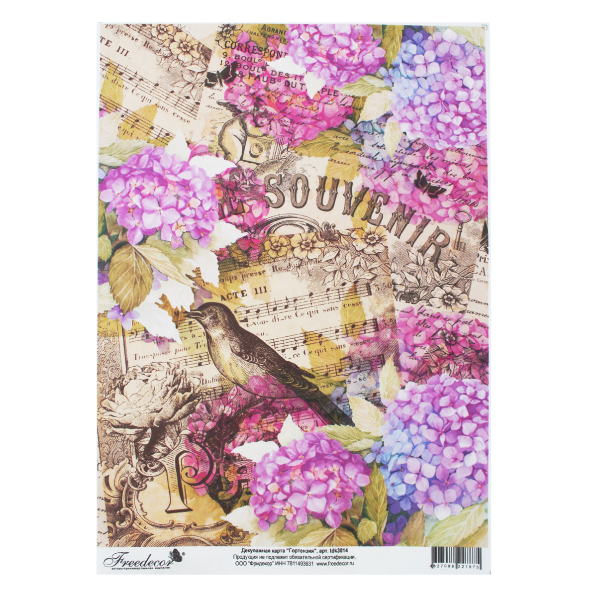 Декупажная карта Freedecor Гортензия, А4, 40 гр./м.кв. Dk 3014RSP-202S Декупажная карта Freedecor Гортензия, А4, 40 гр./м.кв. Dk 3014RSP-202SДекупажные карты Фридекор отличаются оригинальными, стильными дизайнами и прекрасным качеством. Печать декупажных карт происходит на бумаге плотностью 80 гр/м2.