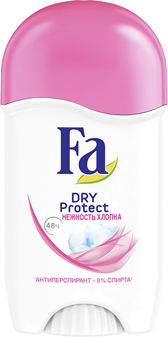 Fa Дезодорант-Стик Dry Protect Нежность Хлопка, 50 млFS-00897 Fa Дезодорант-Стик Dry Protect Нежность Хлопка, 50 млFS-00897Откройте для себя новый антиперспирант от Fa с технологией микро-абсорбирования, который дарит моментальное ощущение сухости и длительную защиту против пота до 48 часов. Деликатный свежий пудровый аромат напоминает о нежности хлопка.Моментальное ощущение сухостиДлительная защита против пота до 48 часовДеликатный свежий пудровый аромат Бережное воздействие на кожу протестировано дерматологами