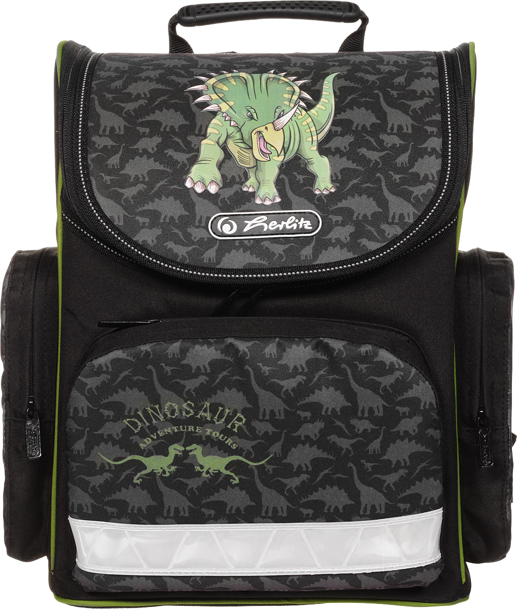 Herlitz Ранец школьный Dino72523WD Herlitz Ранец школьный Dino72523WDШкольный ранец Herlitz Dino выполнен из легкого и прочного полиэстера. Вес ранца без наполнения менее одного килограмма.Ранец имеет одно основное отделение, закрывающееся клапаном на молнию с двумя бегунками. Клапан полностью откидывается, что существенно облегчает пользование ранцем. На внутренней части клапана находится прозрачный пластиковый кармашек, в который можно поместить данные о владельце ранца. Внутри главного отделения расположена мягкая перегородка для тетрадей или учебников. Дно ранца можно сделать жестким, разложив специальную панель с пластиковой вставкой, что повышает сохранность содержимого ранца и способствует правильному распределению нагрузки. На лицевой стороне ранца расположен накладной карман на застежке-молнии, куда будет удобно убрать пенал. По бокам ранца размещены два накладных кармана на молниях.Ортопедическая спинка, созданная по специальной технологии из дышащего материала, равномерно распределяет нагрузку на плечевые суставы и спину. В нижней части спинки расположен поясничный упор - небольшой валик, на который при правильном ношении ранца будет приходиться основная нагрузка.Изделие оснащено удобной ручкой для переноски в руке и двумя широкими лямками регулируемой длины. У ранца имеются светоотражатели. Дно ранца выполнено из прочного материала и легко очищается от загрязнений.Многофункциональный школьный ранец станет незаменимым спутником вашего ребенка в походах за знаниями.