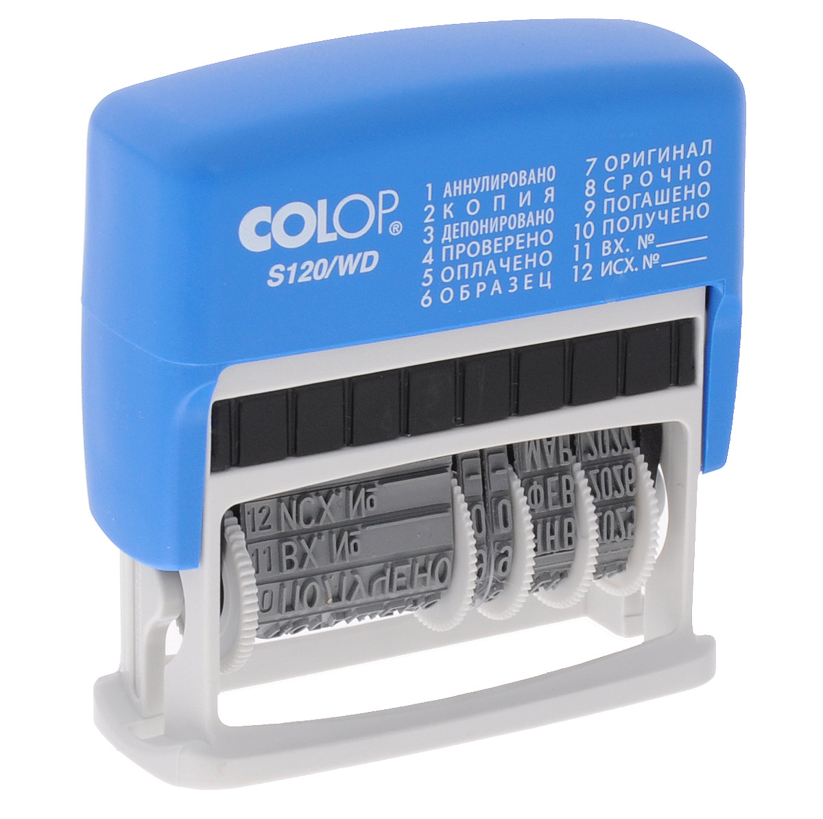 Colop Мини-датер S120/WDFS-00897 Colop Мини-датер S120/WDFS-00897На мини-датере Colop S120/WD указаны дата и 12 бухгалтерских терминов.Автоматическое окрашивание текста. Термин и дата устанавливаются с помощью колесиков. Оттиск однострочный.Используйте оригинальную штемпельную подушку E/12/2.