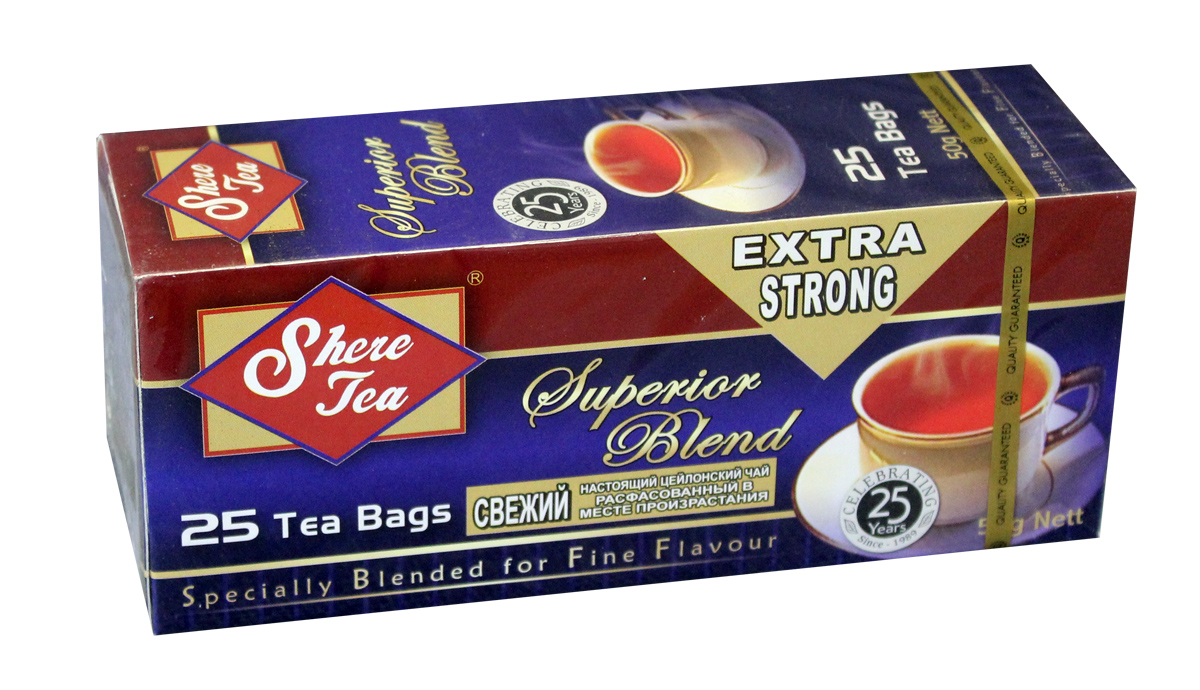 Shere Tea Superior Blend чай черный в пакетиках, 25 шт101246 Shere Tea Superior Blend чай черный в пакетиках, 25 шт101246Черный мелколистовой ломаный чай в пакетиках Shere Tea Superior Blend. Чай быстро заваривается, имеет яркий, прозрачный настой с интенсивной окраской. Вкус терпкий с приятной горчинкой и хорошо выраженным ароматом. Двойные пакетики можно делить пополам, так как это позволяет регулировать крепость чая.