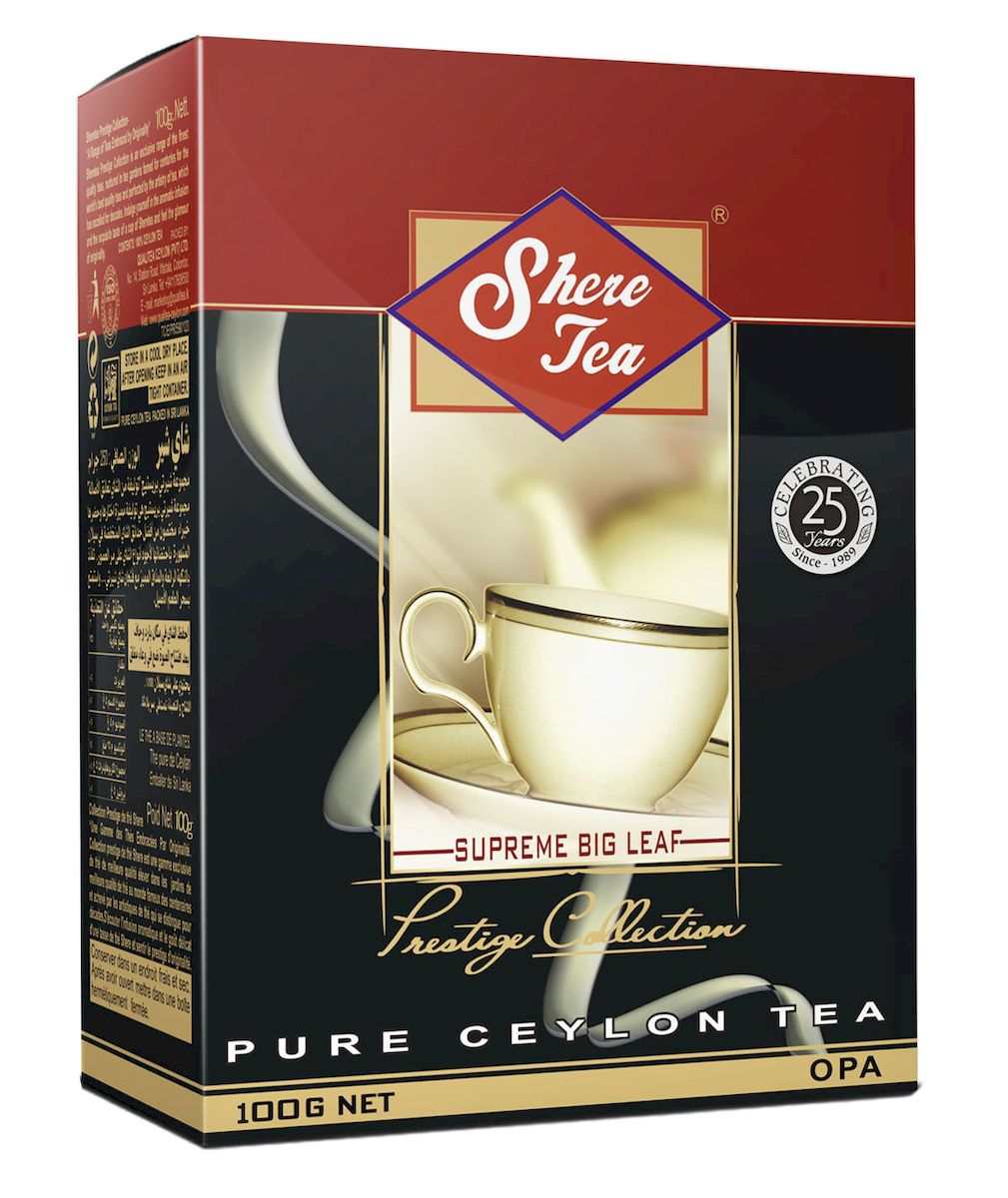 Shere Tea Престижная коллекция. OPА чай черный листовой, 100 г0120710 Shere Tea Престижная коллекция. OPА чай черный листовой, 100 г0120710Чай Шери престижная коллекция. Листья для этого чая собирают с кустов после того, как почки полностью раскрываются. Для этого сорта собирают первый и второй лист с ветки. В сухой заварке листья должны быть крупными (от 8 до 15 мм), однородными, хорошо скрученными. Этот сорт практически не содержит типсов.Этот сорт имеет достаточно высокое содержание ароматических масел, и поэтому настой чай очень ароматен. Также этот чай характерен вкусом с горчинкой благодаря большому содержанию дубильных веществ. Кофеина в этом чае немного меньше, так как в нем используют более взрослые листы, в которых содержание кофеина меньше, чем в типсах и молодых листах. Чай имеет яркий, прозрачный, интенсивный, настой. Аромат чая полный, приятный, выражен достаточно ярко.