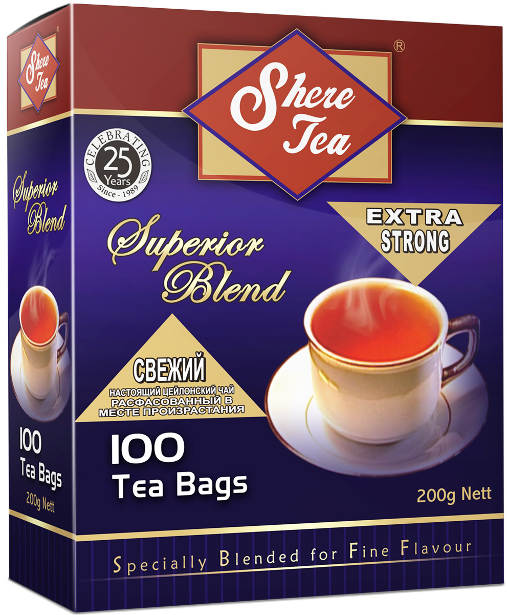 Shere Tea Superior Blend чай черный в пакетиках, 100 шт4603224147139 Shere Tea Superior Blend чай черный в пакетиках, 100 шт4603224147139Черный мелколистовой ломаный чай в пакетиках Shere Tea Superior Blend. Чай быстро заваривается, имеет яркий, прозрачный настой с интенсивной окраской. Вкус терпкий с приятной горчинкой и хорошо выраженным ароматом. Двойные пакетики можно делить пополам, так как это позволяет регулировать крепость чая.