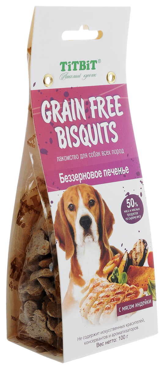 Лакомство для собак Titbit Grain Free, беззерновое печенье с мясом индейки, 100 г0120710 Лакомство для собак Titbit Grain Free, беззерновое печенье с мясом индейки, 100 г0120710Лакомство для собак всех пород Titbit Grain Free приготовлено по специальному рецепту без добавления сои и зерновых культур. Содержит более 50% мяса и мясных продуктов по сырому весу. Является источником клетчатки и инулина, способствующих пищеварению. Не содержит искусственных красителей, консервантов, ароматизаторов. Такое печенье идеально подходит в качестве поощрения при дрессировке. Товар сертифицирован.