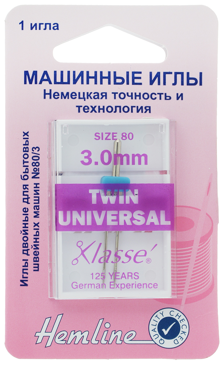 Игла для бытовых швейных машин Hemline, универсальная, двойная, №80, 3 ммTD 0350 Игла для бытовых швейных машин Hemline, универсальная, двойная, №80, 3 ммTD 0350Двойная игла Hemline, выполненная из высококачественной стали, идеально подходит для декоративной отстрочки. Подходит для всех современных швейных машин: Bernina, Brother, Bernette,Elna, Husgsvarna, Janome, New Home, Pfaff, Simplicity, Singer, Toyota, Viking.В комплекте пластиковый футляр для переноски и хранения.Номер иглы: 80.Расстояние между иглами: 3 мм.