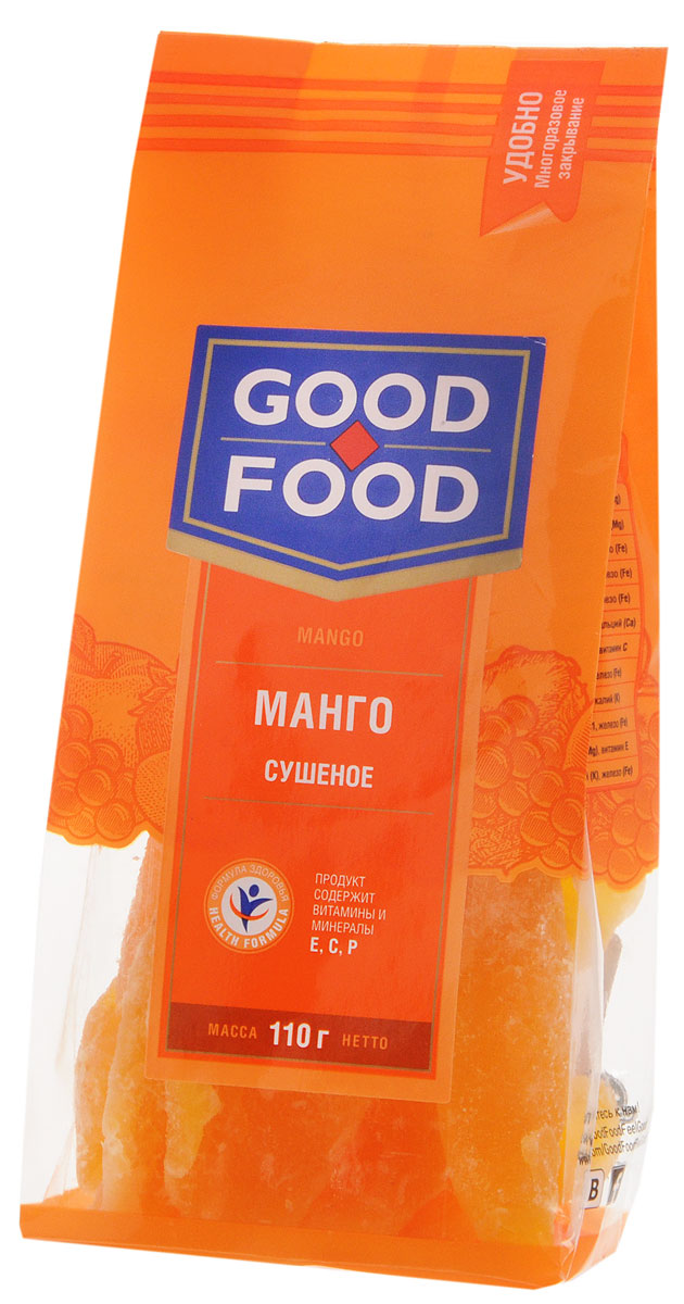 Good Food манго сушеное, 110 г0120710 Good Food манго сушеное, 110 г0120710Good Food Сушеное манго - это необычайно вкусное и не менее полезное лакомство. Ароматные кусочки сушеного манго могут стать прекрасной альтернативой питательного и одновременно легкого перекуса. Считается также, что манго может быстро снять нервное напряжение, легко повысит настроение и поможет преодолеть стресс. Вещества в составе этого плода способствуют предупреждению таких заболеваний как анемия, гипертония и атеросклероз. Нормализуется работа пищеварительного тракта, и, следовательно, улучшается обмен веществ в организме.