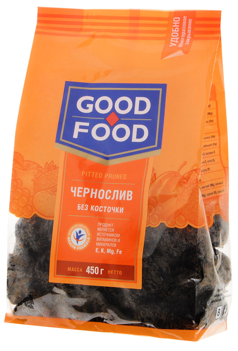 Good Food чернослив сушеный без косточки, 450 г0120710 Good Food чернослив сушеный без косточки, 450 г0120710Чернослив является самым популярным и потребляемым из всех известных нам сухофруктов. Пользу организму чернослив оказывает благодаря содержащимся в его составе пектиновым веществам, растительной клетчатке, органическим кислотам, сахару. Сухофрукт богат витаминами В1, В2, С, РР, провитамином А, содержит калий, натрий, магний, фосфор, железо. Улучшает работу желудка и кишечника. Придает коже гладкость и эластичность и предотвращает появление преждевременных морщин.