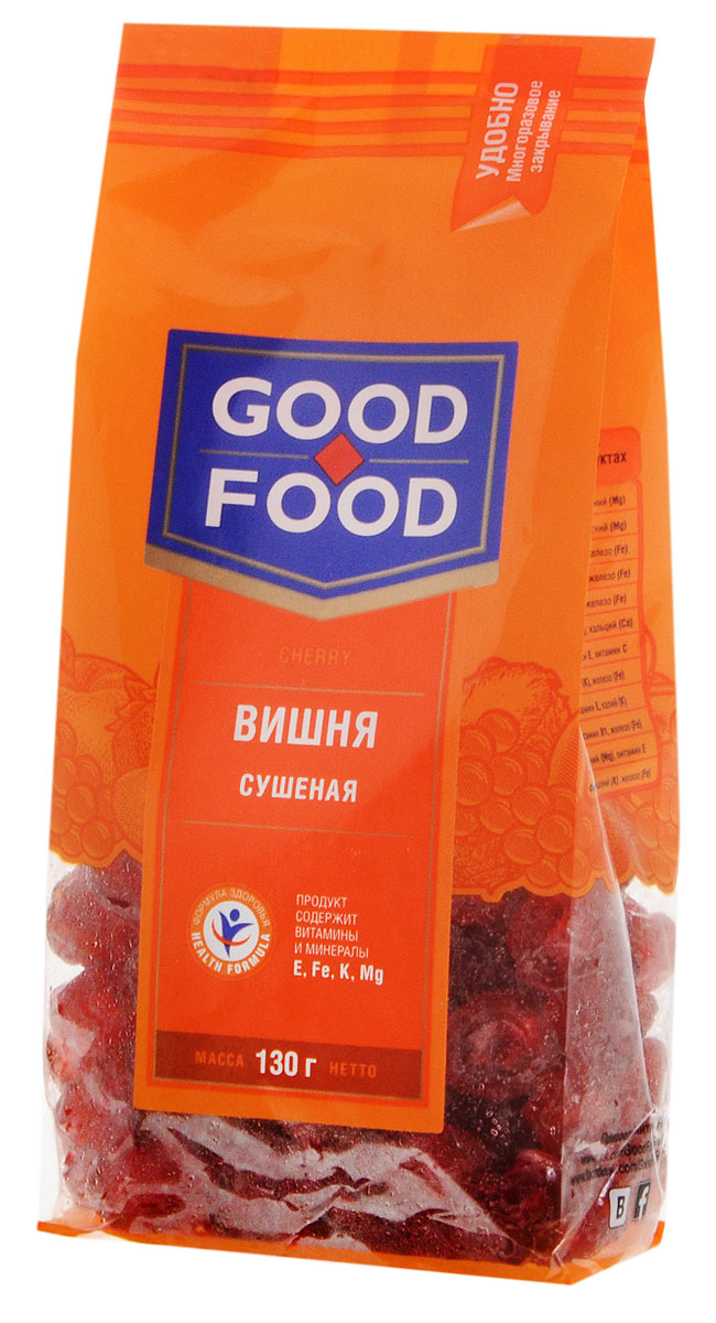 Good Food вишня сушеная, 130 г0120710 Good Food вишня сушеная, 130 г0120710Яркий вкус вишни - изысканная классика, к тому же забота о здоровье. Вишня - ценнейший источник витамина А и С.