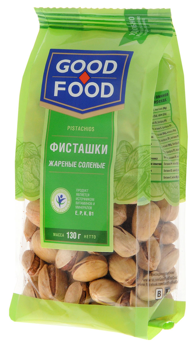 Good Food фисташки жареные соленые, 130 г0120710 Good Food фисташки жареные соленые, 130 г0120710Дерево жизни, орехи счастья - так по-другому называют фисташки, обладающие тонким оригинальным вкусом и массой полезных свойств. Польза фисташек для человеческого организма неоценима, достаточно взглянуть на перечень полезных веществ, которые содержат эти орехи, чтобы в этом убедиться: витамины группы А (лютеин, зеаксантин), В (В1, В9, В6), Е, медь, марганец, фосфор, калий, магний, железо и многое другое. Фисташки Good Food обладают сбалансированным вкусом благодаря равномерной прожарке и оптимальному количеству соли.