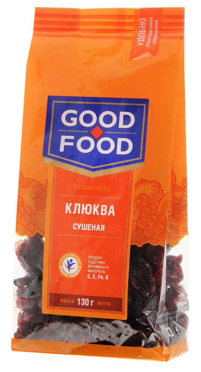 Good Food клюква сушеная, 130 г0120710 Good Food клюква сушеная, 130 г0120710Клюква по праву считается чрезвычайно полезной, богатой витаминами и минеральными веществами ягодой, в составе которой присутствует огромное количество антиоксидантов. Эти вещества, как известно, препятствуют процессам старения. Кроме того, клюкве присущи бактерицидные и противовоспалительные свойства, которые способствуют не только профилактике, но и лечению многих заболеваний. Многочисленные полезные свойства сушеной клюквы ничем не уступают ценным качествам свежей ягоды.