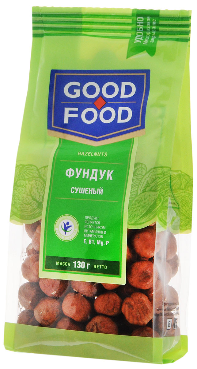 Good Food фундук сушеный, 130 г0120710 Good Food фундук сушеный, 130 г0120710Фундук содержит около 60% масел, которые состоят из органических кислот, витамины В1, В2, В6, Е и целый спектр полезных минеральных веществ: калий, кальций, магний, натрий, цинк, железо. Фундук по калорийности приравнивают к мясу и рыбе. Good Food предлагает только отборный фундук крупных калибров.
