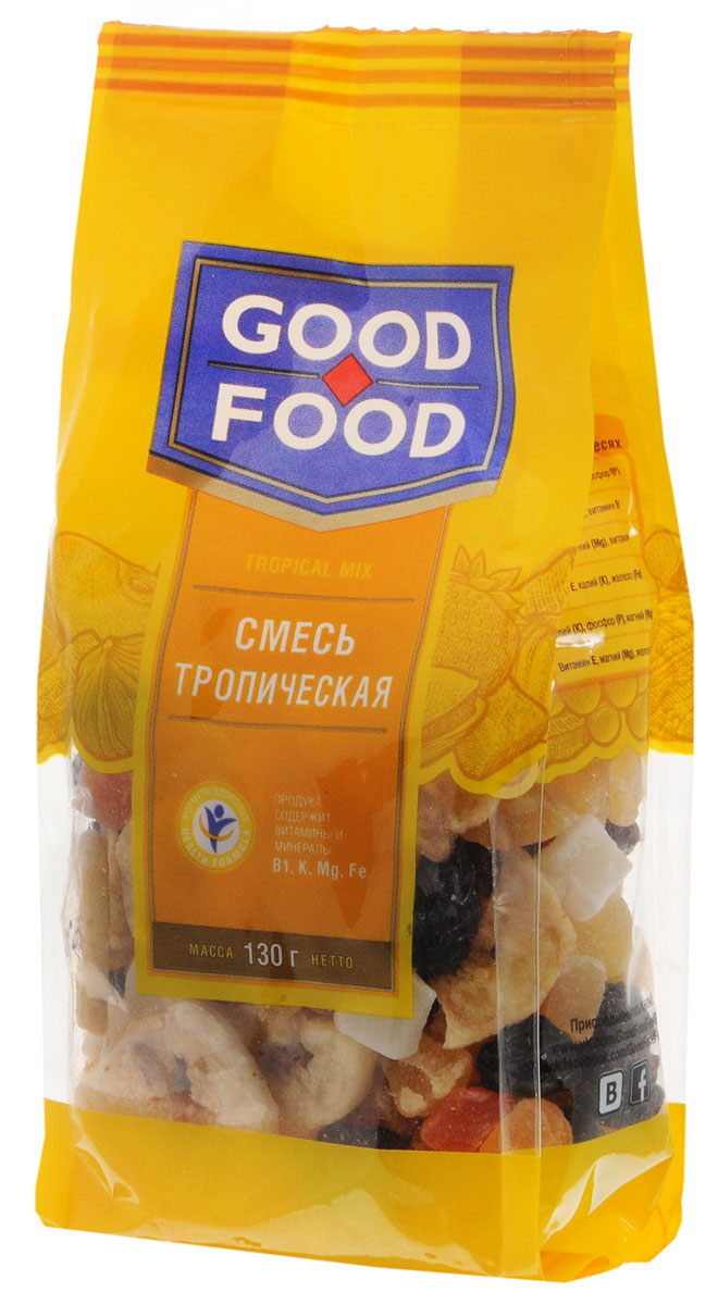 Good Food смесь тропическая, 130 г0120710 Good Food смесь тропическая, 130 г0120710Смесь Тропическая Good Food - это ассорти экзотических компонентов: ананасы, банановые чипсы, кокос и папайя, а также изюм black jumbo. Притупляет чувство голода и хорошо насыщает.