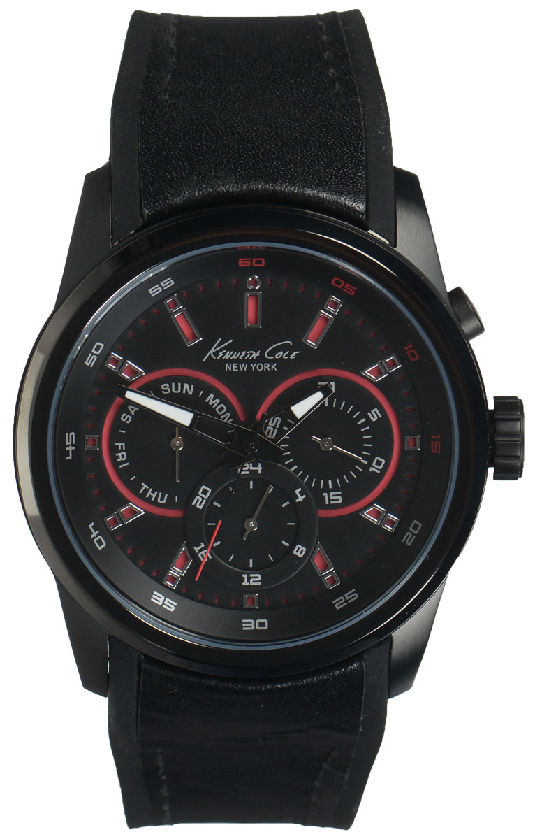 Часы наручные мужские Kenneth Cole, цвет: черный. 10022536BM8434-58AE Часы наручные мужские Kenneth Cole, цвет: черный. 10022536BM8434-58AEСтильные мужские часы Kenneth Cole выполнены из нержавеющей стали со стойким PVD-покрытием и минерального стекла. Оригинальный циферблат изделия с яркими акцентами дополнен символикой бренда. Часы оснащены кварцевым механизмом с тремя стрелками, стрелочным указателем даты, дня недели, а так же указателем времени суток с 24-х часовой шкалой. Циферблат выполнен из устойчивого к царапинам минерального стекла, степенью влагозащиты 3atm. Изделие дополнено ремешком из силикона с кожаными вставками, оснащенным классической застежкой-пряжкой. Часы поставляются в фирменной упаковке. Часы Kenneth Cole - аксессуар, о котором можно только мечтать. Стильный циферблат, будто спидометр роскошного автомобиля, легко подчинит себе ваше время.