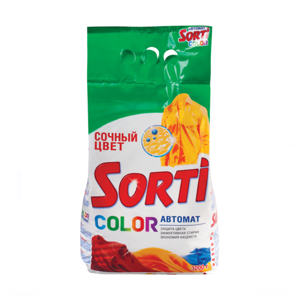Стиральный порошок Sorti Color, 3 кгS03301004 Стиральный порошок Sorti Color, 3 кгS03301004Стиральный порошок Sorti Color предназначен для замачивания и стирки изделий из цветных хлопчатобумажных, льняных, синтетических тканей, а также тканей из смешанных волокон. Не предназначен для стирки изделий из шерсти и натурального шелка. Порошок имеет пониженное пенообразование, содержит биодобавки. Sorti эффективно отстирывает и удаляет сложные пятна на цветных вещах, при этом сохраняет яркость цвета. Подходит для стиральных машин любого типа и ручной стирки. Характеристики: Вес: 3 кг. Артикул: 703-5Т 703-5. Товар сертифицирован. Уважаемые клиенты!Обращаем ваше внимание на то, что дизайн упаковки может несколько отличаться от представленного на фото. Общий вид и характеристики товара сохраняются. Вес данного стирального порошка 3 кг. Изображение служит для визуального восприятия товара.