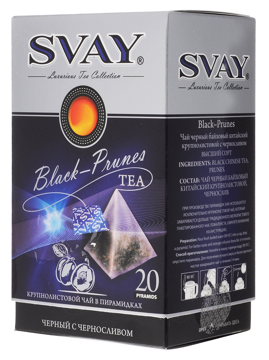 Svay Black Prunes черный чай в пирамидках, 20 шт4607003044701 Svay Black Prunes черный чай в пирамидках, 20 шт4607003044701Svay Black Prunes – это композиция черного юннаньского чая и натуральных кусочков чернослива, которая порадует чайных гурманов изысканным насыщенным вкусом, медовым ароматом и долгим, чуть сладким послевкусием.