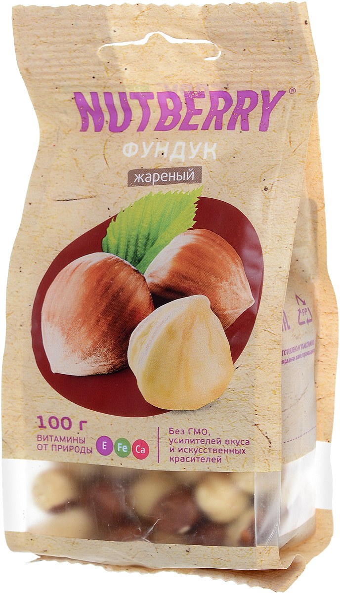 Nutberry фундук жареный, 100 г0120710 Nutberry фундук жареный, 100 г0120710Ещё в древности люди оценили чудесный вкус и полезные свойства фундука. Польза фундука: помогает при хронической усталости, рекомендуется при наличии камней в почках, при варикозном расширении вен, воспалении вен (флебитах). Отлично выводит шлаки из печени, обладает слабительными свойствами. Этот орех содержит сравнительно немного углеводов, поэтому его можно есть в больших количествах, не рискуя поправиться. В фундуке больше, чем в других орехах, фолиевой кислоты, поэтому он очень полезен для тех, кто планирует ребенка.