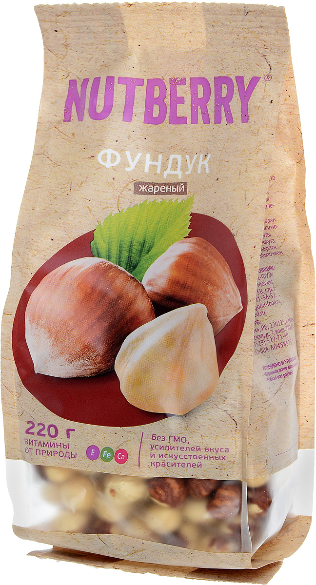 Nutberry фундук жареный, 220 г0120710 Nutberry фундук жареный, 220 г0120710Ещё в древности люди оценили чудесный вкус и полезные свойства фундука. Польза фундука: помогает при хронической усталости, рекомендуется при наличии камней в почках, при варикозном расширении вен, воспалении вен (флебитах). Отлично выводит шлаки из печени, обладает слабительными свойствами. Этот орех содержит сравнительно немного углеводов, поэтому его можно есть в больших количествах, не рискуя поправиться. В фундуке больше, чем в других орехах, фолиевой кислоты, поэтому он очень полезен для тех, кто планирует ребенка.