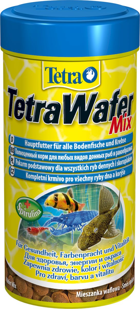 Корм сухой TetraWafer Mix для всех донных рыб и ракообразных, в виде пластинок, 250 мл198890_250грамм Корм сухой TetraWafer Mix для всех донных рыб и ракообразных, в виде пластинок, 250 мл198890_250граммКорм TetraWafer Mix - это сбалансированный, богатый питательными веществами корм высшего качества. Превосходное качество корма обеспечивает оптимальное питание ваших рыб.Сочетание двух разных пластинок обеспечивает разнообразие и оптимальное питание. Благодаря твердой консистенции пластинки не загрязняют воду.Рекомендации по кормлению: кормить несколько раз в день маленькими порциями.Характеристики:Состав: рыба и побочные рыбные продукты, зерновые культуры, экстракты растительного белка, растительные продукты, дрожжи, моллюски и раки, масла и жиры, водоросли (спирулина максима 1,5%), минеральные вещества.Пищевая ценность: сырой белок - 45%, сырые масла и жиры - 6%, сырая клетчатка - 2%, влага - 9%.Добавки: витамины, провитамины и химические вещества с аналогичным воздействием, витамин А 28460 МЕ/кг, витамин Д3 1770 МЕ/кг. Комбинации элементов: Е5 Марганец 64 мг/кг, Е6 Цинк 38 мг/кг, Е1 Железо 25 мг/кг, Е3 Кобальт 0,5 мг/кг. Красители, консерванты, антиоксиданты. Вес: 300 мл (145 г).