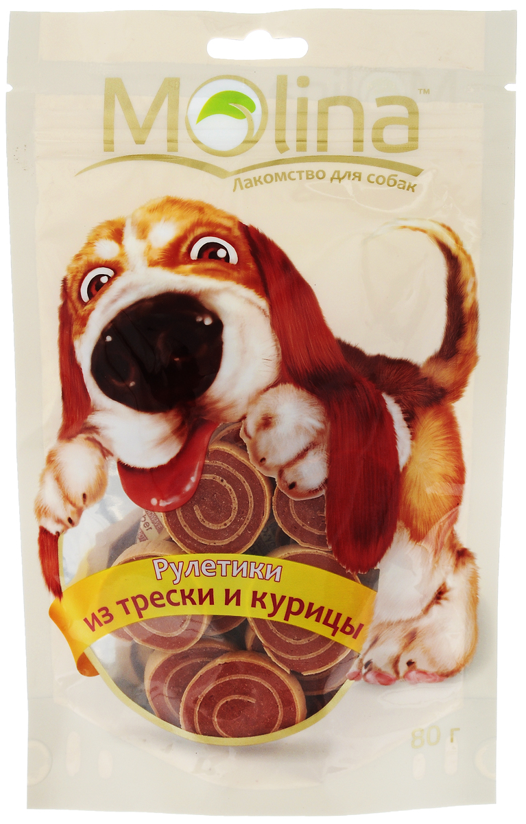Лакомство для собак Molina Рулетики, из трески и курицы, 80 г0120710 Лакомство для собак Molina Рулетики, из трески и курицы, 80 г0120710Лакомство Molina в виде рулетиков из трески и курицы удовлетворяет естественный жевательный инстинкт вашей собаки. Укрепляет челюсть и жевательную мускулатуру. Очищает зубы и предотвращает образование зубного камня. Лакомство содержит глицин, благотворно влияющий на кожу и шерсть. Товар сертифицирован.