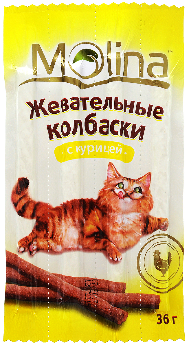 Лакомство для кошек Molina Жевательные колбаски, с курицей, 36 г4620002671327 Лакомство для кошек Molina Жевательные колбаски, с курицей, 36 г4620002671327Лакомство для кошек Molina Жевательные колбаски состоит из 100% натуральной курицы. Такие колбаски очищают зубы и предотвращают образование зубного камня. Содержат жирные кислоты и таурин для здоровой и блестящей шерсти. Обогащены всеми необходимыми витаминами и минералами. Количество лакомств: 4 шт. Товар сертифицирован.