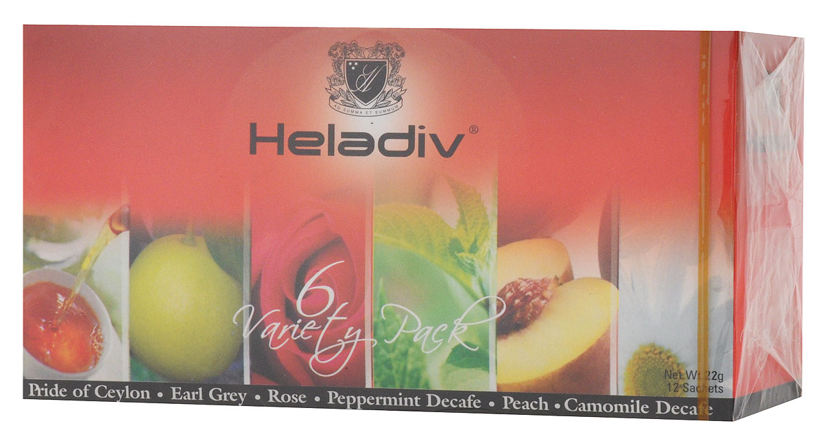 Heladiv Ассорти 6 вкусов чай в пакетиках, 12 шт4791007006145 Heladiv Ассорти 6 вкусов чай в пакетиках, 12 шт4791007006145Heladiv Аssorti - это сочетание элитного черного цейлонского чая с насыщенным ароматом бергамота, лимона и персика, а также травяных чаев из ромашки и мяты. Он подарит вам незабываемое ощущение легкости. Пакетированный черный чай Heladiv обладает приятным вкусом и ярким настоем.Чай упакован в фольгированные конвертики. В ассортименте:Чай ароматизированный бергамотомЧай ароматизированный лимономЧай ароматизированный персикомТравяной чай из лепестков ромашкиТравяной чай из листьев мятыЭлитный цейлонский черный чай без добавок.