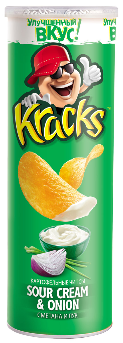 Kracks картофельные чипсы со вкусом сметаны и лука, 160 г51 Kracks картофельные чипсы со вкусом сметаны и лука, 160 г51Kracks - это чипсы из высококачественного картофеля с насыщенным вкусом сметаны, посыпанные зеленым луком. Их основными особенностями являются равномерность обжаривания изогнутых пластинок без избытка масла, а также упаковка в виде тубы, удобная для транспортировки и употребления.