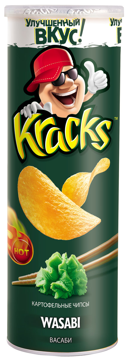 Kracks картофельные чипсы со вкусом васаби, 160 г0120710 Kracks картофельные чипсы со вкусом васаби, 160 г0120710Kracks - это острые чипсы из высококачественного картофеля со вкусом васаби, основными особенностями которых являются равномерность обжаривания изогнутых пластинок без избытка масла, а также упаковка в виде тубы, удобная для транспортировки и употребления.