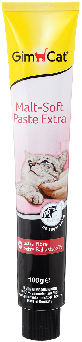 Паста для кошек GimCat Malt-Soft Extra, 100 гПК301004_желтый Паста для кошек GimCat Malt-Soft Extra, 100 гПК301004_желтыйПаста для кошек GimCat Malt-Soft Extra способствует прохождению пищи, выводу проглоченной шерсти и неперевариваемых компонентов естественным путем. Паста содержит натуральный ароматный солод, растительное масло и балластные вещества. Без добавления сахара.Во время умывания кошки проглатывают большое количество своей шерсти, из-за чего в последствии в желудке животного могут образоваться волосяные шары (или трихобезоары). Естественно, ей необходимо каким-то образом избавиться от надоедливых комков. В противном случае, увеличивается вероятность возникновения ряда проблем со здоровьем, в том числе запоров. Иногда закупорка ЖКТ шерстяными комками может привести даже к смерти. Чаще всего кошки вынуждены избавляться от комков, срыгивая их. Очевидцы такого зрелища понимают, какой это болезненный и неприятный процесс.Товар сертифицирован.