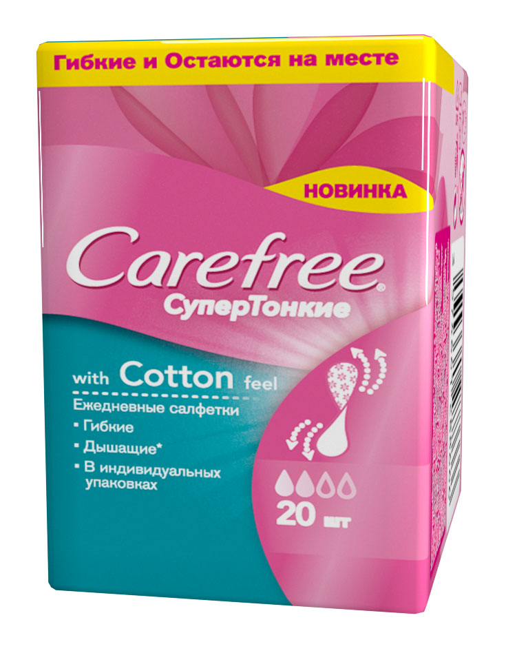 Carefree Салфетки супертонкие Cotton feel ароматизированные в индивидуальной упаковке, 20 штCF5512F4 Carefree Салфетки супертонкие Cotton feel ароматизированные в индивидуальной упаковке, 20 штCF5512F4Сохраняйте ощущение чистоты и свежести каждый день с супертонкими ежедневными салфетками Cotton feel . Эти воздухопроницаемые прокладки мягкие, как хлопок. Вы просто забудете об их существовании, останется только ощущение чистоты и свежести