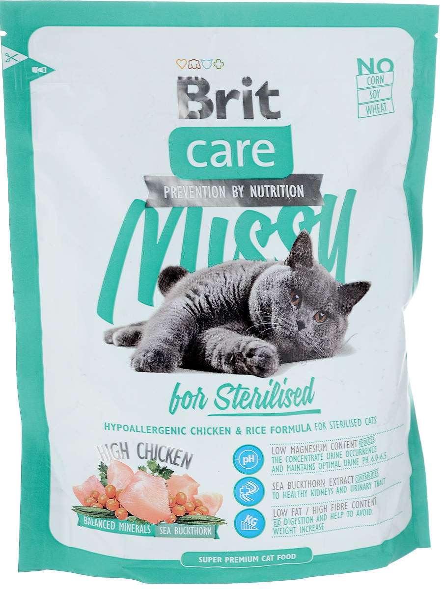 Корм сухой Brit Care Missy для кастрированных котов и стерилизованных кошек, с курицей и рисом, 400 г0120710 Корм сухой Brit Care Missy для кастрированных котов и стерилизованных кошек, с курицей и рисом, 400 г0120710Полнорационный сухой корм Brit Care Missy предназначен для кастрированных котов и стерилизованных кошек с курицей и рисом. Низкое содержание магния поддерживает оптимальный pH мочи. Мало жира и много клетчатки помогает избежать излишнего веса, свойственного кастрированным и стерилизованным кошкам.Преимущества: - Высокое содержание мяса (20% дегидрированной курицы, 14% куриного филе, 14% дегидрированной индейки).- Сбалансированный минеральный состав. - Облепиха крушиновидная, обладающая противовоспалительным и антибактериальным действием. А также обеспечивает защиту мочевыводящей системы. - Гипоаллергенный состав. - Витамин С и гексаметафосфат натрия. Товар сертифицирован.