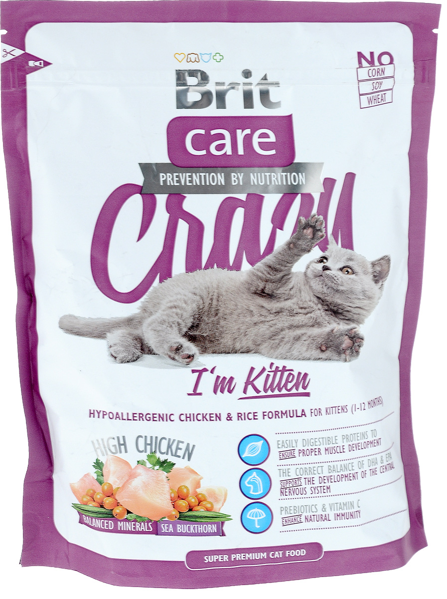 Корм сухой Brit Care Crazy Kitten для котят, беременных и кормящих кошек, с курицей и рисом, 400 г25449 Корм сухой Brit Care Crazy Kitten для котят, беременных и кормящих кошек, с курицей и рисом, 400 г25449Сбалансированный корм Brit Care Crazy Kitten предназначен для котят (от 1 до 12 месяцев), беременных и кормящих кошек с курицей и рисом. Входящие в состав протеины хорошо усваиваются и улучшают развитие мускулатуры. Правильный баланс ДПА и ЭПА поддерживает развитие мозга. Пребиотики и витамин С укрепляют иммунную систему.Преимущества: - Высокое содержание мяса (25% дегидрированной курицы, 22% куриного филе).- Сбалансированный минеральный состав. - Облепиха крушиновидная, обладающая противовоспалительным и антибактериальным действием. А также обеспечивает защиту мочевыводящей системы. - Гипоаллергенный состав. - Витамин С и гексаметафосфат натрия.Товар сертифицирован.