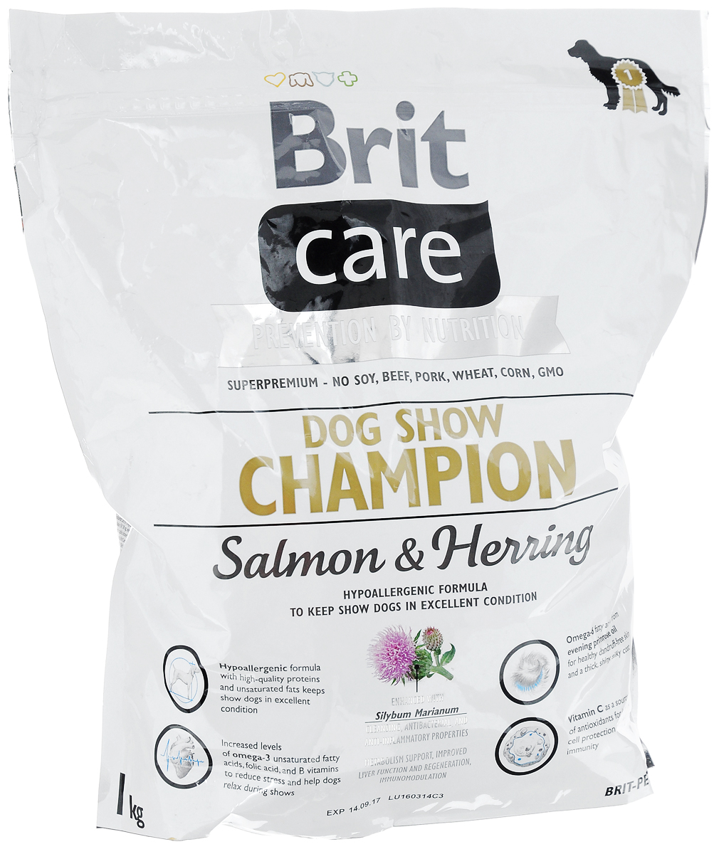 Корм сухой Brit Care, для выставочных собак, с лососем, сельдью и рисом, 1 кг0120710 Корм сухой Brit Care, для выставочных собак, с лососем, сельдью и рисом, 1 кг0120710Полнорационный, гипоаллергенный корм Brit Care предназначен для взрослых собак всех пород участвующих в выставках. Повышенное содержание витамина С и жирных кислот омега-3 защитят организм собаки от вредного воздействия стресса. Гипоаллергенная формула - мясо лосося и сельди, также подходит собакам с чувствительным пищеварением. Белок из мяса рыб обладает превосходной усвояемостью, что особенно важно в выставочный период, так как собаки часто подвергаются стрессовым ситуациям. Лососевый жир, благодаря содержащимся в нем полиненасыщенным жирным кислотам, благотворно влияет на качество кожи и шерсти животного. MOS (маннан-олигосахариды) поддерживают здоровье кишечника, сокращают патогенную микрофлору.Товар сертифицирован.