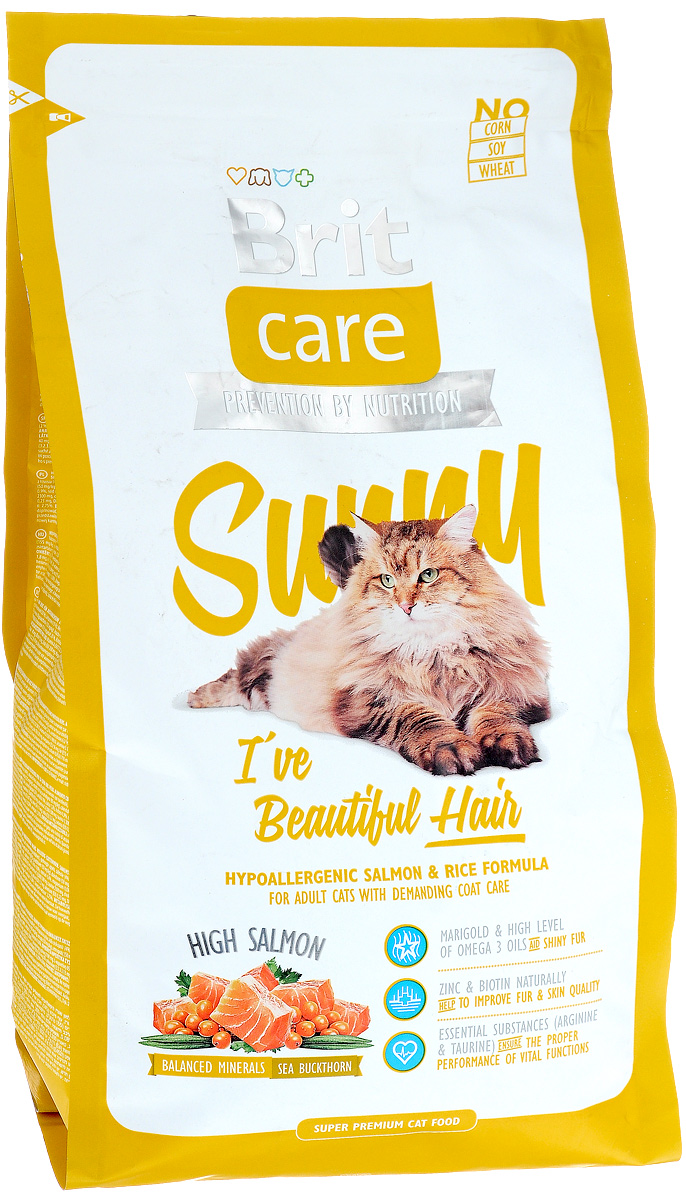 Корм сухой Brit Care Sunny для кошек, для ухода за кожей и шерстью, 2 кг0120710 Корм сухой Brit Care Sunny для кошек, для ухода за кожей и шерстью, 2 кг0120710Гипоаллергенный корм Brit Care Sunny с мясом лосося и рисом предназначен для взрослых кошек длинношерстных пород или с шерстью, требующей особого ухода. Корм с высокой усвояемостью, с добавлением масла лосося, органического цинка и со сбалансированным содержанием ненасыщенных жирных кислот Омега-3 и Омега-6 для здоровой кожи и красивой, мягкой шерсти.Преимущества:- Высокое содержание мяса.- Сбалансированный минеральный состав.- Гипоаллергенный состав.Товар сертифицирован.