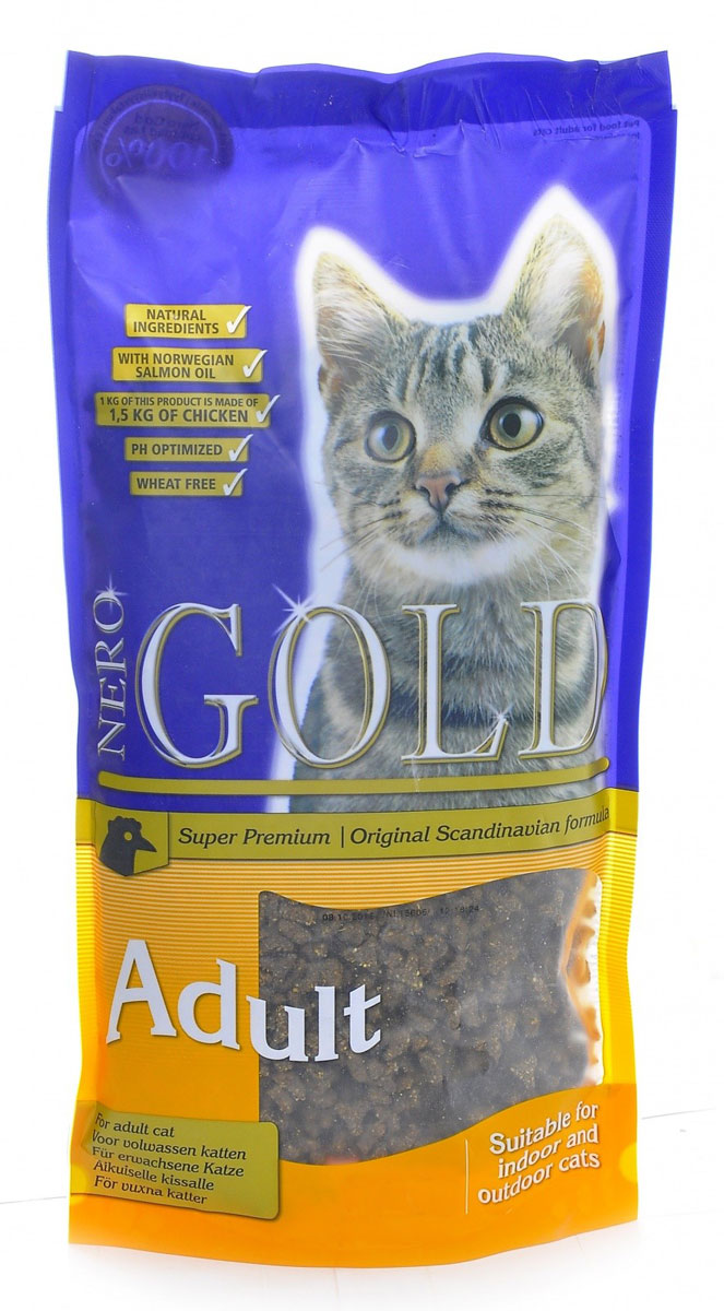 Корм сухой Nero Gold Cat Adult, для кошек, курица, 2,5 кг0120710 Корм сухой Nero Gold Cat Adult, для кошек, курица, 2,5 кг0120710Корм сухой Nero Gold Cat Adult - полнорационный сбалансированный корм Супер-премиум класса для всех кошек с курицей.Изготовлен из куриного мяса которое легко усваивается организмом и содержит необходимое количество питательных веществ, витаминов, минералов и аминокислотдля здоровья вашего питомца. Содержит оптимальное соотношениеминералов и витаминов , что способствует поддержанию высокого мышечного тонуса. Способствует сохранению природной зоркости. Способствует укреплению иммунитета. Пивные дрожжи улучшают состояние шерсти придают ей блеск и шелковистость. Льняное семя богато растительными жирами, особенно полиненасыщенными или не заменимыми жирными кислотами омега-3 и омега-6, которые благоприятно влияют практически на все процессы жизнедеятельности организма. Содержит таурин необходимый кошкам для поддержания целостности сетчатки глаза кошки, предотвращение развития сердечных заболеваний, для развития и поддержания целостности нервной ткани. Хондроитин укрепляет соединительные структуры тканей, в том числе хрящи, уменьшают мышечную утомляемость. Состав: дегидрированное мясо курицы, рис, маис, куриный жир, дегидрированная рыба, ячмень, гидролизованная куриная печень, мякоть свеклы, дрожжи, яичный порошок, рыбий жир, минералы и витамины, хондроитин, глюкозамин, лецитин (мин. 0,5 %), инулин (мин. 0,5 % FOS), таурин, холина хлорид. Пищевая ценность: протеин 32%, жиры 18%, клетчатка 2%, зола 6%, влажность 8%, фосфор 0,9%, кальций 1,4%.Пищевые добавки (на 1 кг): витамин A (E672) 20 000 IU, витамин D3 (E671) 2 000 IU, витамин E (альфа токоферола ацетат) 400 мг, витамин C (фосфат аскорбиновой кислоты) 250 мг, таурин 1000 мг/кг, сульфат железа 75 мг, иодат кальция 1,5 мг, сульфат меди 5 мг, сульфат марганца 30 мг, сульфат цинка 65 мг.Товар сертифицирован.