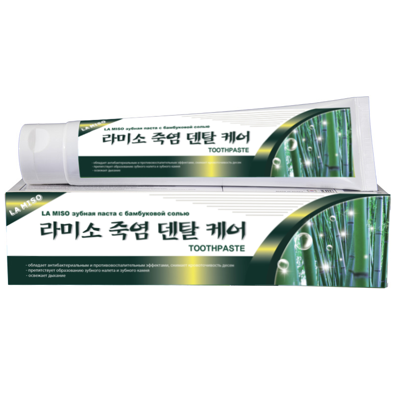 La Miso Зубная паста с бамбуковой солью, Bamboo Salt Dental Care, 150 гMP59.4D La Miso Зубная паста с бамбуковой солью, Bamboo Salt Dental Care, 150 гMP59.4DБамбуковая соль, получаемая путем закаливания морской соли в стеблях бамбука, содержит кальций, калий и магний. Благодаря высокому содержанию данных компонентов зубная паста с бамбуковой солью препятствует возникновению воспалительных процессов в полости рта и снимает кровоточивость десен. Средство эффективно очищает зубы и надолго освежает дыхание. Масло перечной мяты, экстракты зеленого чая и алоэ благотворно влияют на состояние мягких тканей полости рта. Обладает антибактериальным и противовоспалительным эффектами, снимает кровоточивость десен. Препятствует образованию зубного налета и зубного камня, а также освежает дыхание.