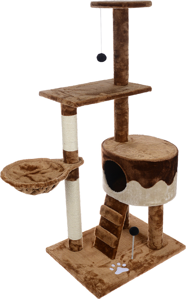 Игровой комплекс для кошек Aimigou, цвет: коричневый, бежевый, 90 х 51 х 130 см0120710 Игровой комплекс для кошек Aimigou, цвет: коричневый, бежевый, 90 х 51 х 130 см0120710Игровой комплекс для кошек Aimigou выполнен из высококачественного ДСП и обтянут искусственным мехом. Изделие предназначено для кошек. Ваш домашний питомец будет с удовольствием точить когти о специальные столбики, изготовленные из сизаля. А отдохнуть он сможет либо на полках, либо на гамаке, либо в домике. Изделие оснащено небольшой лесенкой. На основании и на одной из полок расположена игрушка, которая еще сильнее привлечет внимание питомца.Общий размер: 90 х 51 х 130 см.Размер основания: 62 х 47 см.Размер нижней полки: 49 х 30 см.Диаметр верхней полки: 29 см.Размер домика: 41 х 35 х 25 см.Размер гамака: 42 х 30 см.Размер лесенки: 32 х 16 см.