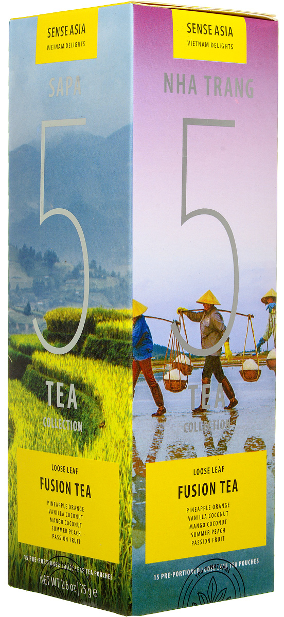 Sense Asia Vietnam Delights collection подарочный набор смешанного чая 5 Fusion Tea, 75 г101246 Sense Asia Vietnam Delights collection подарочный набор смешанного чая 5 Fusion Tea, 75 г101246Подарочный набор чая Sense Asia Vietnam Delights collection - это тропические ароматы, за основу которых взяты черный чай, различные тропические фрукты и цветы. Sense Asia Vietnam Delights collection состоит из 5 видов смешанного листового чая, по 3 стикера на каждый вид. Это своеобразный тестовый набор смешанного вьетнамского чая для гурманов и начинающих ценителей.Каждый стикер внутри имеет уникальную наклейку о стране, ее людях и самых знаменитых местах. Способ заваривания чая для каждого вида индивидуален и для вашего удобства на каждом стикере размещены способы приготовления чая.Подарочный набор чая Sense Asia Vietnam Delights collection состоит из бестселлеров мирового рынка: 5 видов Смешанного Чая (Fusion Teas), Mango Coconut (Манго Кокос), Pineapple Orange Cream (Ананасово-Апельсиновые Сливки), Summer Peach (Летний Персик, Vanilla Coconut (Ваниль Кокос), Passion Fruit (Маракуйя).Уникальная упаковка – это три захватывающих панорамы самых живописных уголков Вьетнама: рисовые поля Сапы (знаменитое своими видами место на севера Вьетнама), соляные поля Ня Чанга (курортного города на юге страны), острова знаменитой бухты Халонг. Коллекция Vietnam Delights - Лучший подарок для гурманов и начинающих ценителей чая!