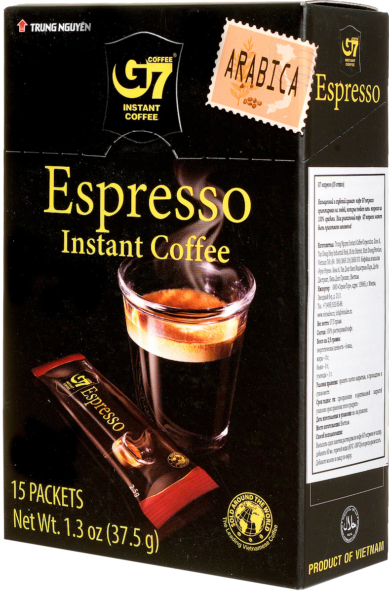 Trung Nguyen G7 Espresso кофе растворимый, 15 стиков0120710 Trung Nguyen G7 Espresso кофе растворимый, 15 стиков0120710Trung Nguyen G7 Espresso - насыщенный вкус цельных кофейных зерен Арабики, обжаренных до темного цвета. Данный напиток обладает приятной кофейной горечью, крепостью и полнотой вкуса.Способ приготовления: высыпать в чашку один пакетик растворимого кофе. Добавить 150 мл горячей воды (80-100°С) и хорошо размешать. Добавьте молоко и сахар по вкусу.Кофе G7 подарит вам восхитительные вкусовые ощущения!