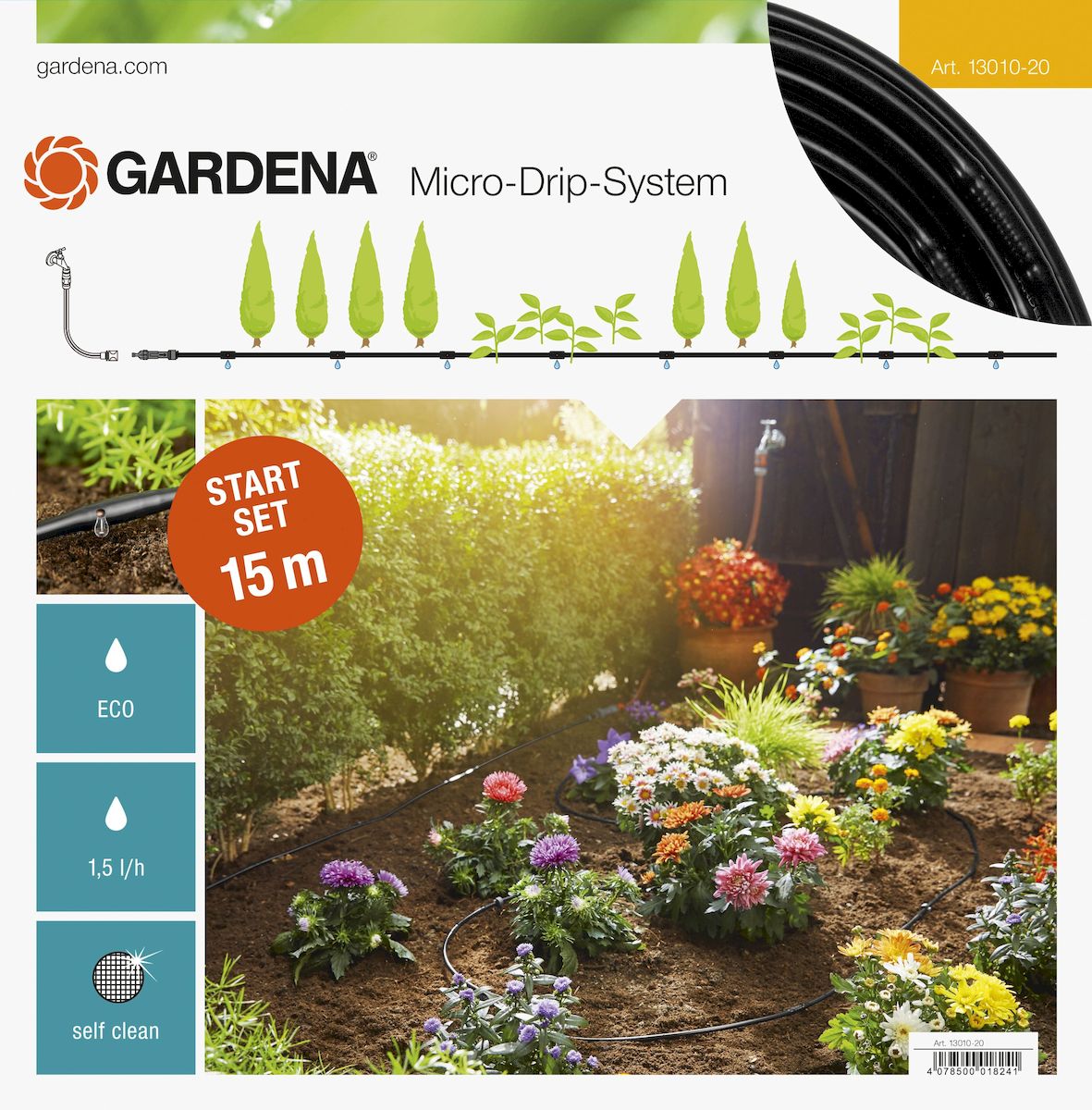 Комплект базовый для наземной прокладки Gardena, 4,6 мм (3/16) х 15 м106-026 Комплект базовый для наземной прокладки Gardena, 4,6 мм (3/16) х 15 м106-026Комплект базовый для наземной прокладки Gardena предназначен для полива небольших участков с цветами, овощами и фруктами, а также для полива посаженных в ряд растений. Расстояние между отверстиями составляет 30 см. Каждая капельница обеспечивает бережный полив с расходом воды 1,6 л/ч. Благодаря использованию инновационной лабиринтной технологии, капельницы являются самоочищающимися. Благодаря небольшому диаметру 4,6 мм (3/16) шланг характеризуется особой многофункциональностью и простотой монтажа. При условии установки мастер-блока по центру длина шланга может быть увеличена до 30 м с помощью комплекта для удлинения. В комплекте:- мастер-блок 1000; - подающий шланг 4,6 мм (3/16), 15 м; - колышки для крепления шланга 13 мм (1/2), 15 шт; - заглушка 4,6 мм (3/16).