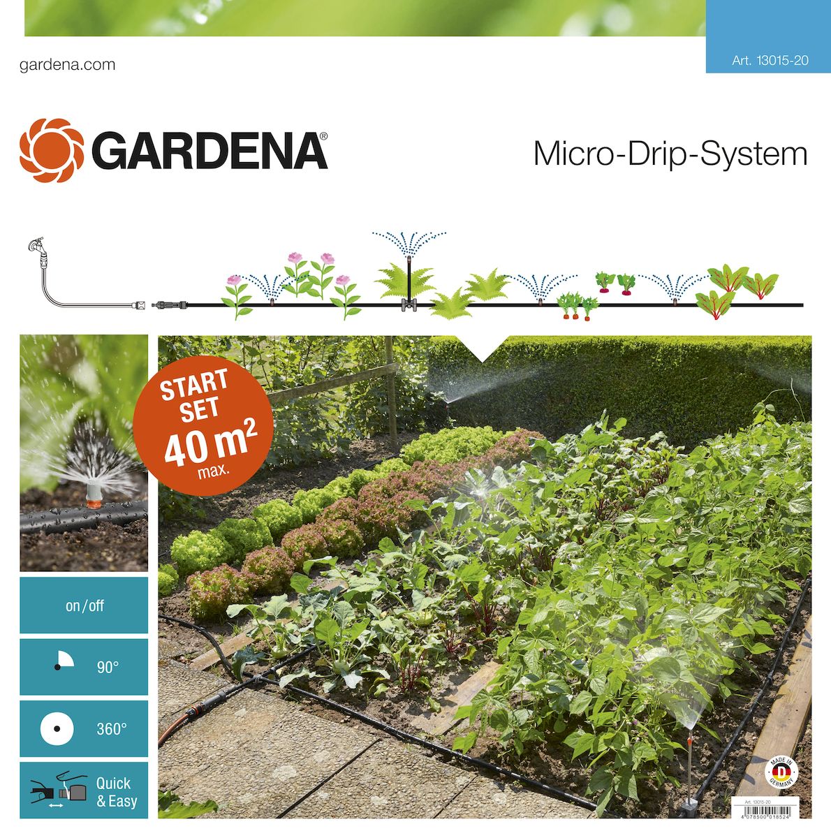 Шланг сочащийся Gardena с фитингами, 13 мм (1/2) х 40 м96281496 Шланг сочащийся Gardena с фитингами, 13 мм (1/2) х 40 м96281496Шланг сочащийся Gardena является элементом системы микрокапельного полива Gardena и оптимально подходит для полива грядок площадью до 40 м2. Наличие распыляющих микронасадок позволяет бережно поливать рассаду и капризные растения. В комплекте: - мастер блок 1000; - магистральный шланг 25 м; - микронасадка 90°, 4шт; - микронасадка 360°;- надставка для микронасадки, 5 шт; - запорных кран, 5 шт; - L-образный соединитель 13 мм (1/2), 2 шт; - крестовина 13 мм (1/2);- направляющие 13 мм (1/2), 5 шт; - заглушка 13 мм (1/2), 3 шт; - колышки для крепления шлангов 13 мм (1/2), 10 шт; - инструмент для сборки. Благодаря запатентованной технологии быстрого подсоединения Quick & Easy, все элементы легко соединяются и разъединяются.