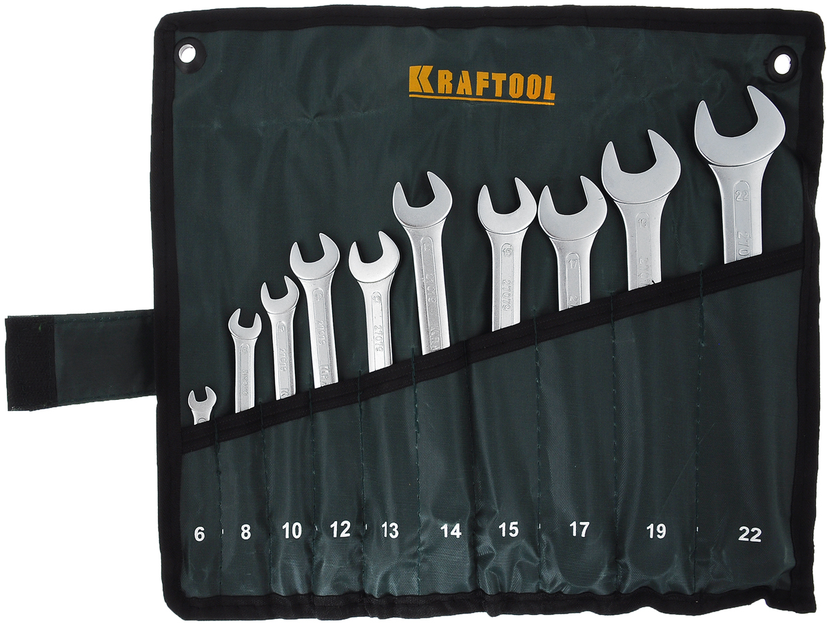 Набор комбинированных гаечных ключей Kraftool Expert, в чехле-органайзере, 6-22 мм, 11 предметовАксион Т-33 Набор комбинированных гаечных ключей Kraftool Expert, в чехле-органайзере, 6-22 мм, 11 предметовАксион Т-33Набор Kraftool Expert включает 10 комбинированных гаечных ключей, выполненных из качественной стали. Благодаря правильному подбору материала и параметров технологического процесса ключи выдерживают высокие нагрузки, устойчивы к истиранию рабочих граней. Применяются для работ с шестигранным крепежом. Комбинированный гаечный ключ - незаменимый инструмент при сборке и разборке любых металлических конструкций. Он сочетает в себе рожковый и накидной гаечные ключи. Первый нужен для работы в труднодоступных местах, второй более эффективен при отворачивании тугого крепежа. Для хранения набора предусмотрен текстильный чехол-органайзер.
