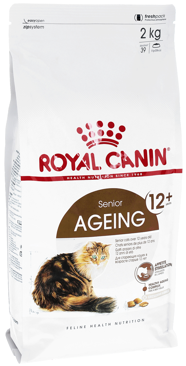 Корм сухой Royal Canin Ageing +12, для кошек старше 12 лет, 2 кг0120710 Корм сухой Royal Canin Ageing +12, для кошек старше 12 лет, 2 кг0120710Сухой корм Royal Canin Ageing +12 полнорационное питание для стареющих кошек старше 12 лет.У кошек старше 12 лет процесс клеточного старения ускоряется, однако признаки его очень различаются у разных кошек. У некоторых кошек они вообще незаметны, тогда как у других наглядно проявляются физические и поведенческие изменения.Явные признаки старения, которые необходимо отслеживать у кошки:- потеря в весе, - снижение активности, - более жесткая шерсть,- поведенческие изменения,- отсутствие аппетита,- кошка становится привередливее в еде. Поддержание здоровья в старости.Корм помогает противостоять клеточному старению кошек благодаря запатентованному комплексу антиоксидантов и полифенолам зеленого чая, действие которых усиливается ликопеном. Стимулирует когнитивную функцию за счет триптофана – аминокислоты, известной своими релаксирующими свойствами. Повышенное содержание веществ-хондропротекторов и незаменимых жирных кислот поддерживает здоровье суставов стареющих кошек. Обеспечение здоровья почек: способствует поддержанию здоровья почек стареющих кошек за счет значительно пониженного адаптированного уровня фосфора (0,6%).Стимулирование аппетита: помогает стимулировать аппетит стареющих кошек благодаря высокой вкусовой привлекательности и особой двойной текстуре крокет с хрустящей оболочкой и мягкой начинкойСостав: изолят растительных белков, предварительно обработанная пшеничная мука, животные жиры, рис, дегидратированное мясо птицы, растительная клетчатка, гидролизат белков животного происхождения, кукуруза, экстракт цикория, соевое масло, рыбий жир, минеральные вещества, томаты (источник ликопена), оболочка и семена подорожника, фруктоолигосахариды, экстракт зленого чая (источник полифенолов), гидролизат дрожжей (источник маннановых олигосахаридов), гидролизат из панциря ракообразных (источник глюкозамина), масло огуречника аптечного, экстракт бархатцев прямостоячих (источник лютеина), гидролизат из хряща (источник хондроитина).Добавки: витамин А 20100 МЕ, витамин D3 700 МЕ, железо 46 мг, йод 3,6 мг, марганец 60 мг, цинк 198 мг, селен 0,08 мг, триптофан 4,1 г, сорбат калия, пропилгаллат, БГА.СОдержание питательных веществ: белки 30%, жиры 19%, миниральные вещества 5,2%, клетчатка пищевая 4,7%; в 1 кг EPA/DHA 5 г, фосфор 6 г, медь 15 мг.Товар сертефицирован.Уважаемые клиенты!Обращаем ваше внимание на изменения в дизайне упаковки.