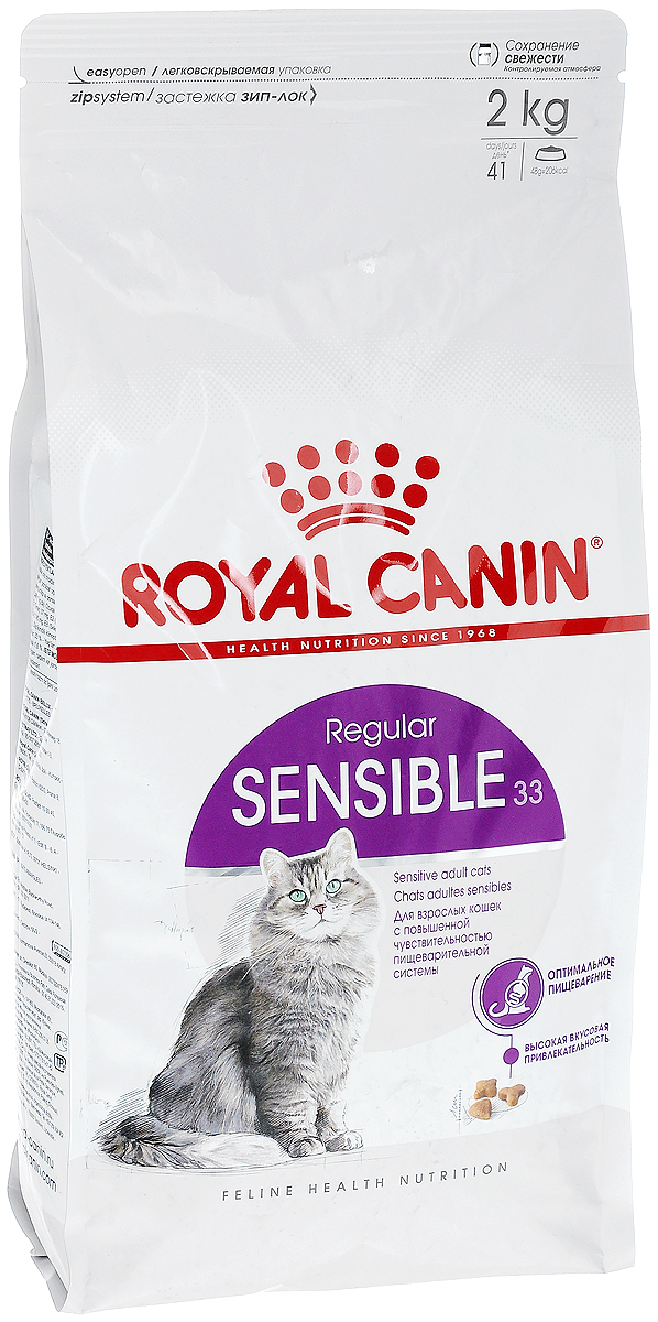 Корм сухой Royal Canin Sensible 33, для кошек с чувствительной пищеварительной системой, 2 кг101246 Корм сухой Royal Canin Sensible 33, для кошек с чувствительной пищеварительной системой, 2 кг101246Сухой корм Royal Canin Sensible 33 - Полнорационный корм для кошек с чувствительной пищеварительной системой, рекомендуемый для кошек старше 1 года. Некоторые кошки отличаются особой предрасположенностью к расстройствам пищеварения. Непривычный корм, стресс и другие факторы способны спровоцировать у них диарею и/или рвоту.Иногда расстройства пищеварения у кошек могут возникать даже без видимой причины. Легко усвояемый рацион поможет смягчить подобные проявления. Специально разработанный состав корма Sensible 33 помогает обеспечить нормальную работу пищеварительной системы вашей кошки.Оптимальный баланс кишечной микрофлоры также способствует хорошему пищеварению, обеспечивая комфорт вашей кошки. Защита пищеварительной системы.Кошкам с чувствительной пищеварительной системой необходим рацион, обеспечивающий оптимальное пищеварение. Эффективная защита достигается благодаря входящему в состав корма эксклюзивному комплексу питательных веществ, способствующих улучшению процессов пищеварения. Гарантирует эффективную защиту пищеварительной системы кошки благодаря использованию в корме только легкоусвояемых белков L.I.P., снижающих количество непереваренных остатков пищи в кишечнике, высокому содержанию риса, присутствию фруктоолигосахаридов и свекольного жома. Поддерживает баланс кишечной микрофлоры за счет содержания в корме фруктоолигосахаридов и свекольного жома. Состав: дегидратированные белки животного происхождения (птица), рис, животные жиры, кукуруза, изолят растительных белков L.I.P., дегидратированные белки свинины L.I.P., дегидратированные белки животного происхождения (свинина) L.I.P., гидролизат белков животного происхождения, пшеница, кукурузная клейковина, дрожжи, рыбий жир, свекольный жом, минеральные вещества, соевое масло, растительная клетчатка, фруктоолигосахариды. Добавки (в 1 кг): медь — 21 мг,железо — 197 мг,марганец — 66 мг/кг,цинк — 209 мг,селен — 0,3 мг,витамин A — 21000 МЕ,витамин D3 — 1300 МЕ,витамин E — 600 мг,витамин C — 300 мг,витамин B1 — 32 мг,витамин B2 — 65 мг,витамин B3 — 206 мг,витамин B5 — 60 мг,витамин B6 — 30 мг,витамин B12 — 0,2 мг.Товар сертифицирован.Уважаемые клиенты!Обращаем ваше внимание на изменения в дизайне упаковки.
