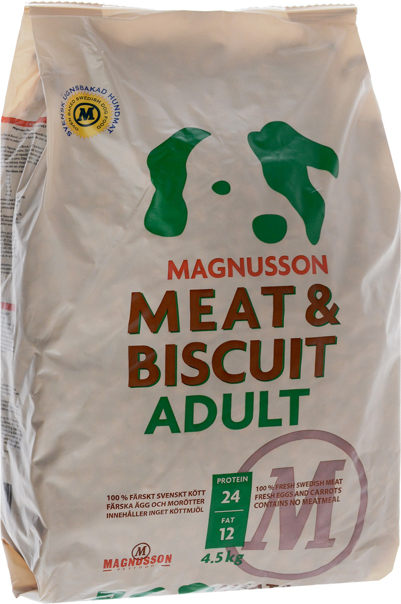 Корм сухой Magnusson Adult для взрослых собак с нормальным уровнем активности, 4,5 кг0120710 Корм сухой Magnusson Adult для взрослых собак с нормальным уровнем активности, 4,5 кг0120710Основными преимуществами корма Magnusson Adult является простой и понятный состав, а так же отсутствие каких-либо химических добавок и консервантов. Данный корм - это полноценное и сбалансированное питание для здоровья вашей собаки на долгие годы.Источником животного белка является филейная часть говядины (44% свежего мяса) без добавления мясной, рыбной, куриной муки или субпродуктов. Свежие яйца в сочетании с говядиной обеспечивают лучшее качество белка. Свежая морковь, также входящая в состав корма, является источником витамина А, регулирует углеводный обмен и оказывает положительное воздействие на работу пищеварительной системы вашей собаки.Источником углеводов является пшеница грубого помола, выращенная без применения удобрений и пестицидов. Пшеница является растительным продуктом с высокой усвояемостью, обеспечивает энергетические нужды организма, а также помогает синтезу аминокислот и ДНК - носителя генетической информации.Собаки нуждаются в витаминах и микроэлементах в небольших количествах, по сравнению с другими питательными веществами. Тем не менее они жизненно необходимы. Дневная норма витаминов и микроэлементов в достаточном количестве для здорового роста и развития вашей собаки уже содержатся в данном корме.Взрослым собакам корм можно давать как в сухом, так и размоченном виде. Не стоит заливать корм бульоном или молоком, лучше всего использовать теплую воду так, чтобы она покрывала корм.Количество корма может варьироваться в зависимости от породы, темперамента, физической нагрузки, климата и других факторов.Вода является самым важным питательным веществом. Взрослая собака нуждается в 2-3 частях воды на одну часть сухого корма.Товар сертифицирован.
