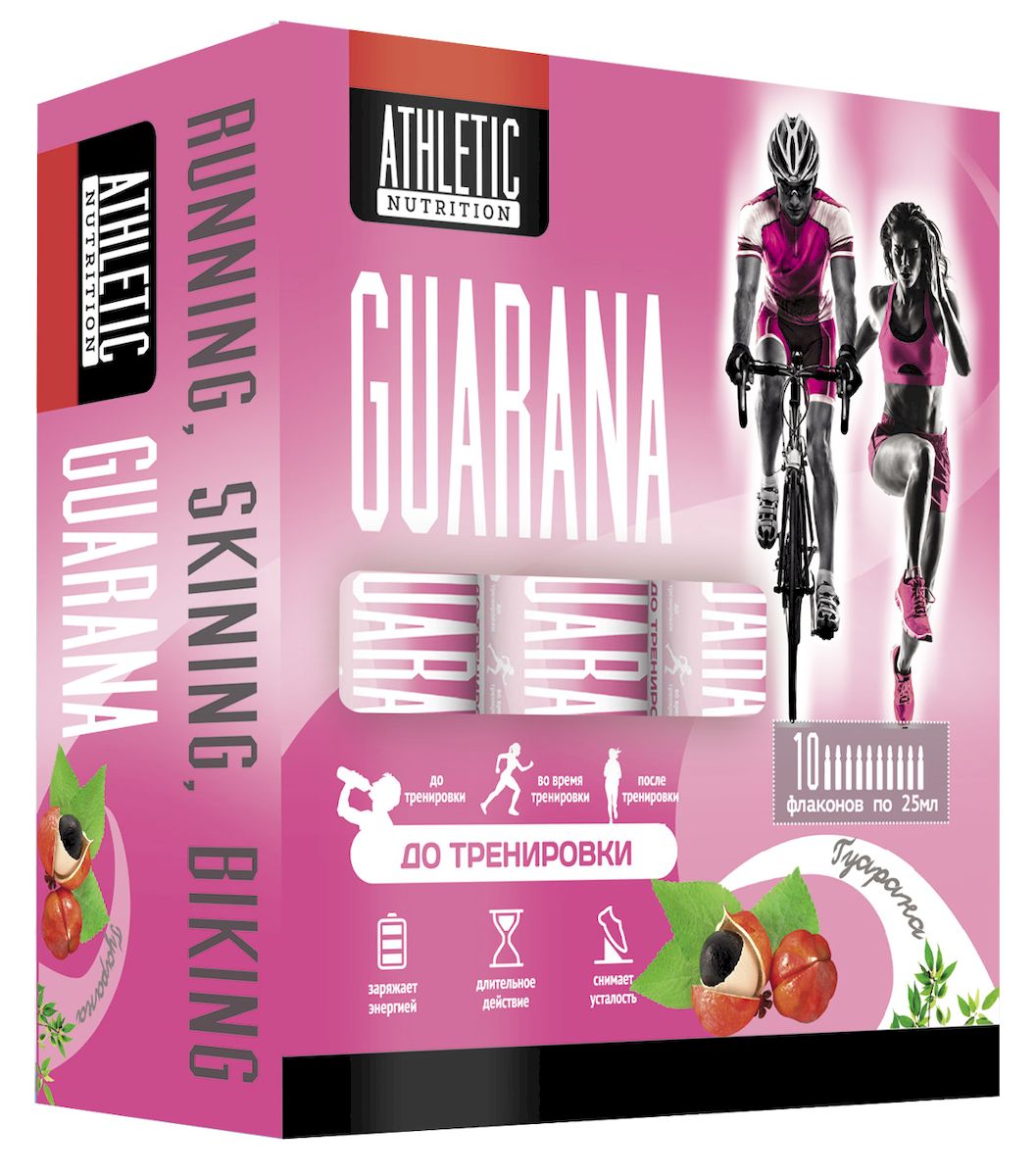Athletic Nutrition Гуарана, 10 шт х 25 млO31601 Athletic Nutrition Гуарана, 10 шт х 25 млO31601Жидкий экстракт гуараны ГУАРАНА – питьевая гуарана для экстремальных ситуаций. Один флакон (25 мл.) эквивалентна 3 чашкам кофе.Состав : В одном флаконе (25 мл.) содержится: экстракт гуараны -1600 мг углеводы -7 г калорийность -28 ккал