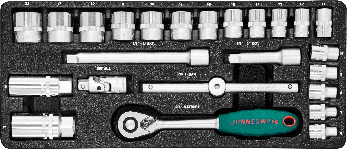 Набор головок торцевых Jonnesway 3/8DR 6-22 мм, 25 предметов98298123_черный Набор головок торцевых Jonnesway 3/8DR 6-22 мм, 25 предметов98298123_черныйCодержание:3/8DR:Головки торцевые, 17 шт.: 6, 7, 8, 9, 10, 11, 12, 13, 14, 15, 16, 17, 18, 19, 20, 21, 22 мм;Свечная головка 2 шт.: 16 и 21 мм;Трещоточная рукоятка;Удлинители, 2 шт.: 75 и 150 мм;Вороток Т-образный;Шарнир карданный;Металлический кейс.