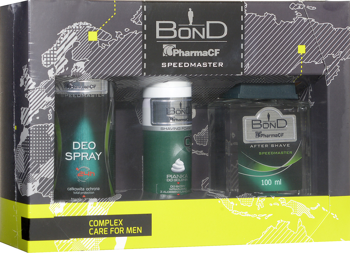 Bond Мужской Подарочный Набор Speedmaster (дезодорант DEO 150 ML + лосьен после бритья AS 100 ML+ пена для бритья PDG 50 ML)67000090 Bond Мужской Подарочный Набор Speedmaster (дезодорант DEO 150 ML + лосьен после бритья AS 100 ML+ пена для бритья PDG 50 ML)67000090Линия предназначена для жирной и склонной к раздражению кожи . Содержит активный растительный комплекс, который обладает антисептическим действием,. Его аромат-это сочетание композиции, освежающих цитрусов с нотами зелени.Косметика серии Bond были разработаны с мыслью о специфических требованиях мужской кожи. Их характеризует повышенная эффективность и удобство использования. Отличает инновационная формула, натуральные компоненты и, прежде всего, мужественный, классический аромат, который сохраняется на коже до 24 часов.