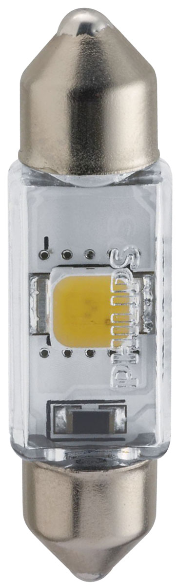 Лампа автомобильная светодиодная сигнальная Philips X-tremeVision LED, цоколь C5W Fest T10,5 (SV8,5-35/11), 4000К, 12V, 1W10503 Лампа автомобильная светодиодная сигнальная Philips X-tremeVision LED, цоколь C5W Fest T10,5 (SV8,5-35/11), 4000К, 12V, 1W10503Высокомощные светодиодные лампы Philips X-tremeVision LED, излучающие дневной свет с цветовой температурой 6000К, обеспечивают улучшенное освещение интерьера. Долговечные и высокопрочные светодиоды будут служить вам 12 лет, избавляя от лишних хлопот. Особенности ламп: Широкий угол и равномерное распределение света для оптимального освещения салона автомобиля. Светодиодные лампы оснащены уникальной конструкцией, устойчивой к вибрациям и воздействию высоких температур до 105°.Мощные светодиодные лампы создают эффект дневного света для стильного освещения. Высокомощные светодиоды нового поколения будут работать в течение всего срока службы автомобиля. Автомобильные лампы Philips удовлетворят все нужды автомобилистов: дальний свет, ближний свет, передние противотуманные фары, передние и боковые указатели поворота, задние указатели поворота, стоп-сигналы, фонари заднего хода, задние противотуманные фонари, освещение номерного знака, задние габаритные/стояночные фонари, освещение салона.